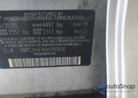 2016 Hyundai Sonata Se из США, поврежденный, VIN 5NPE24AF4GH280920